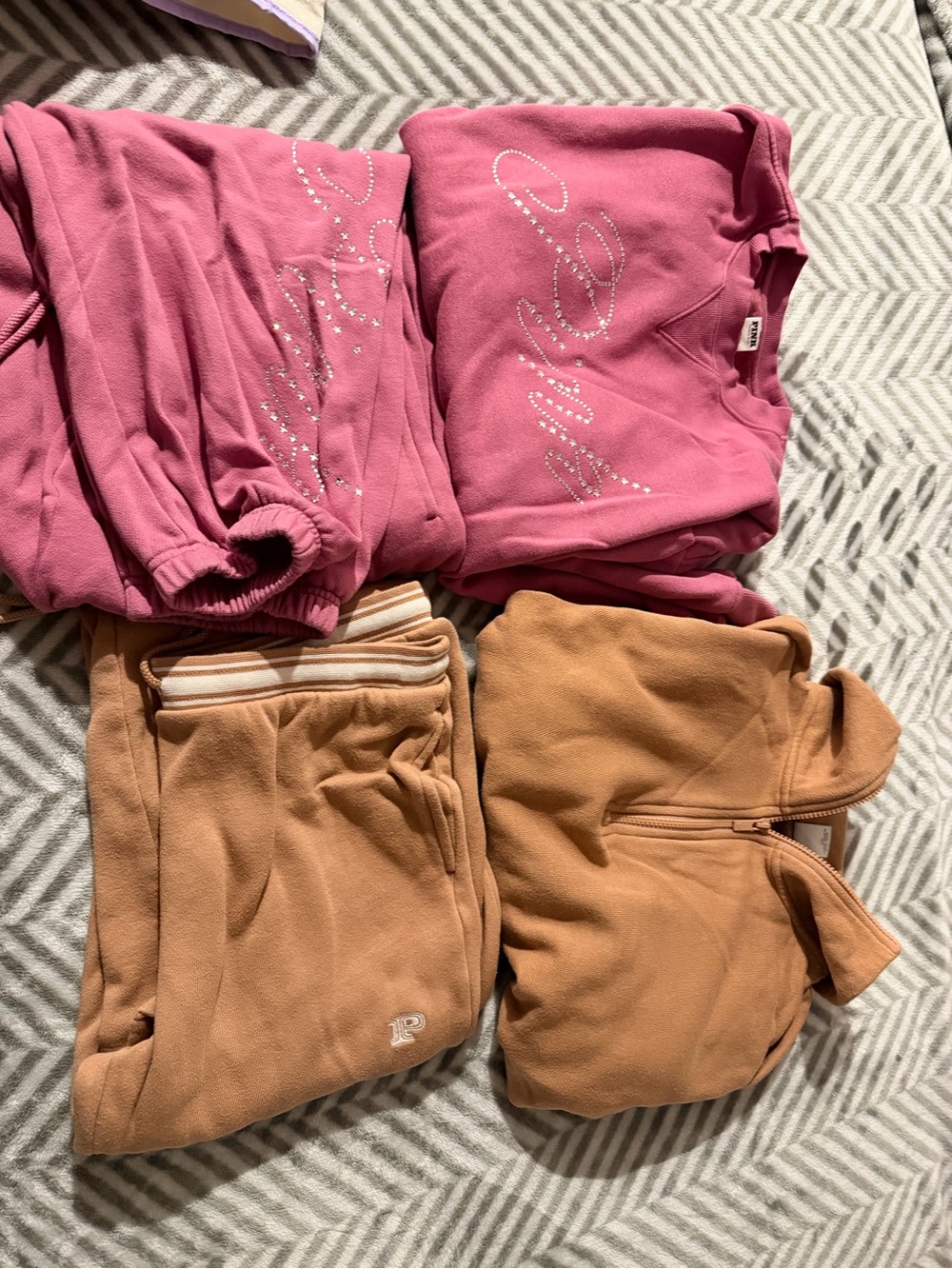 Women’s Victoria Secret Pink Sweatshirt and Tan Fleece Bottoms Set